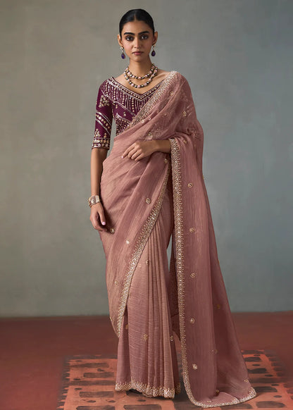 Dusty Rose Silk Blend Saree with Beads &amp; Cutdana Work