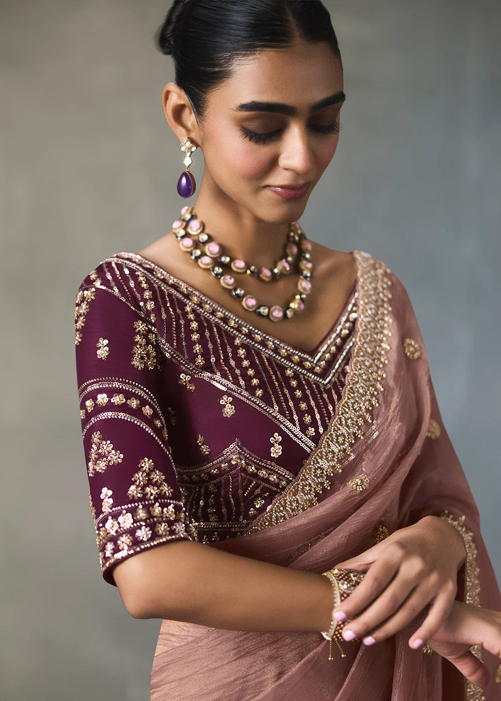 Dusty Rose Silk Blend Saree with Beads &amp; Cutdana Work