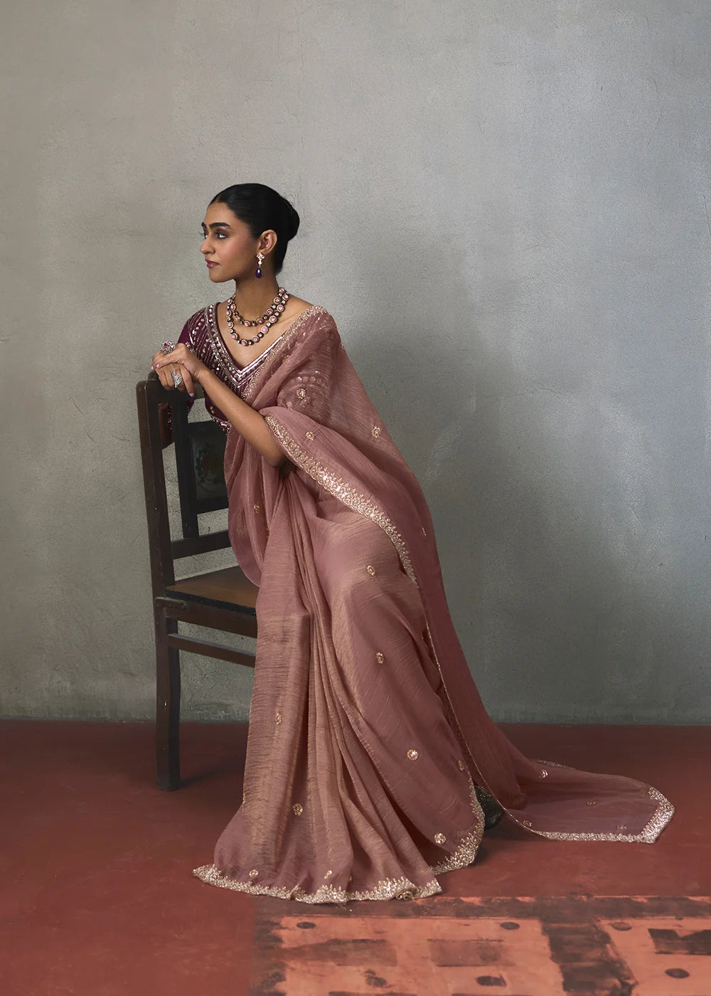 Dusty Rose Silk Blend Saree with Beads &amp; Cutdana Work