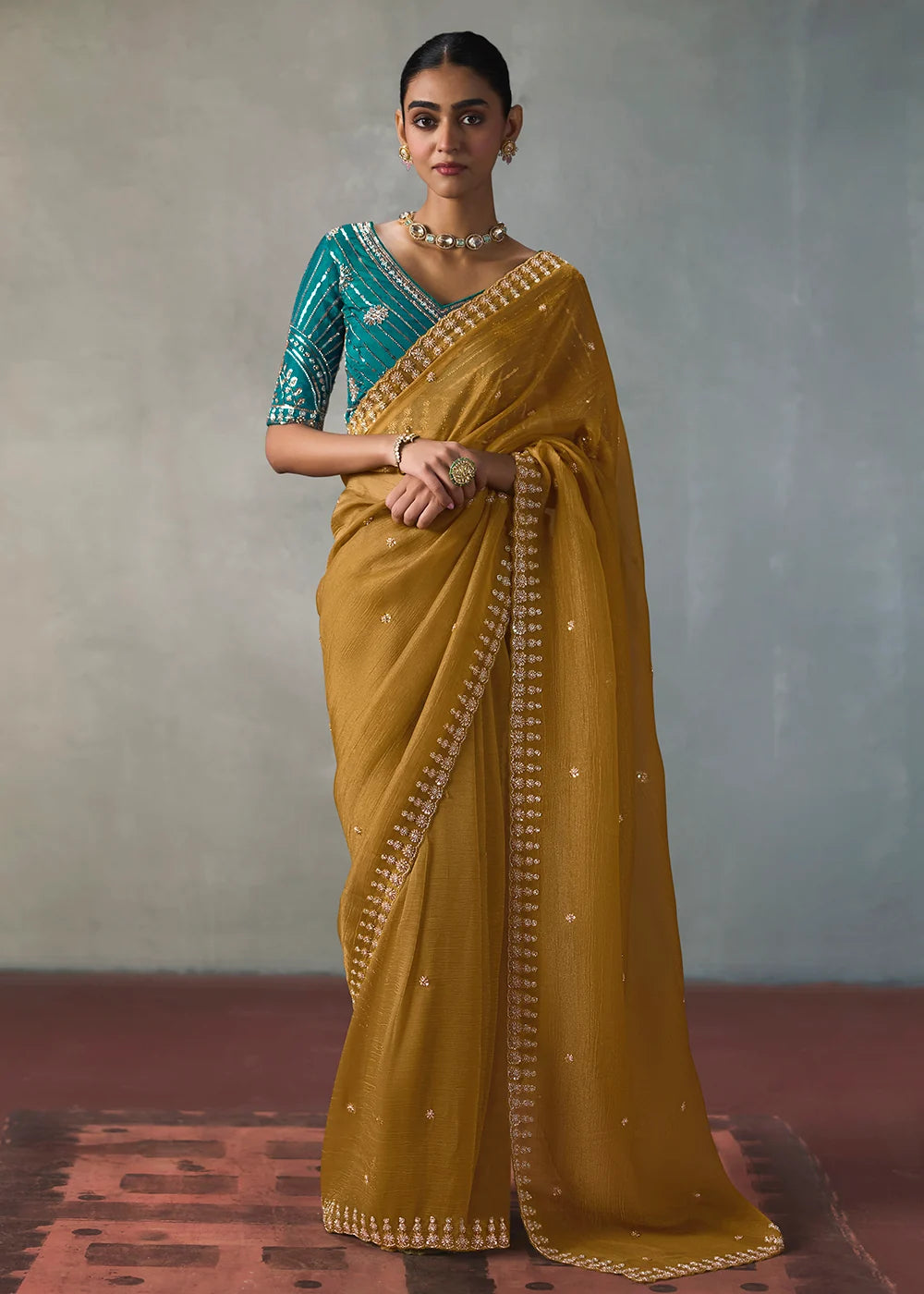 Mustard Gold Silk Blend Saree with Beads &amp; Cutdana Work