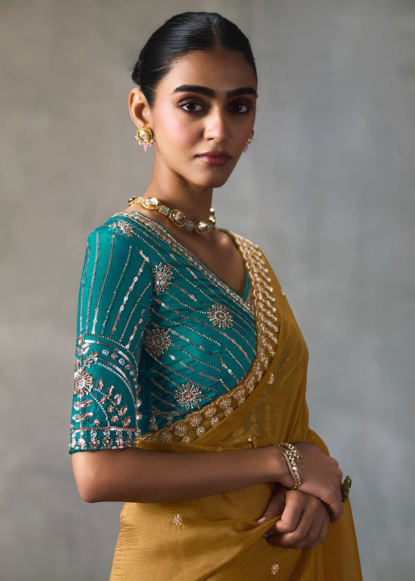 Mustard Gold Silk Blend Saree with Beads & Cutdana Work