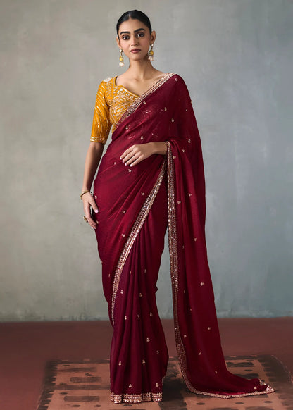 Wine Silk Blend Saree with Beads &amp; Cutdana Work