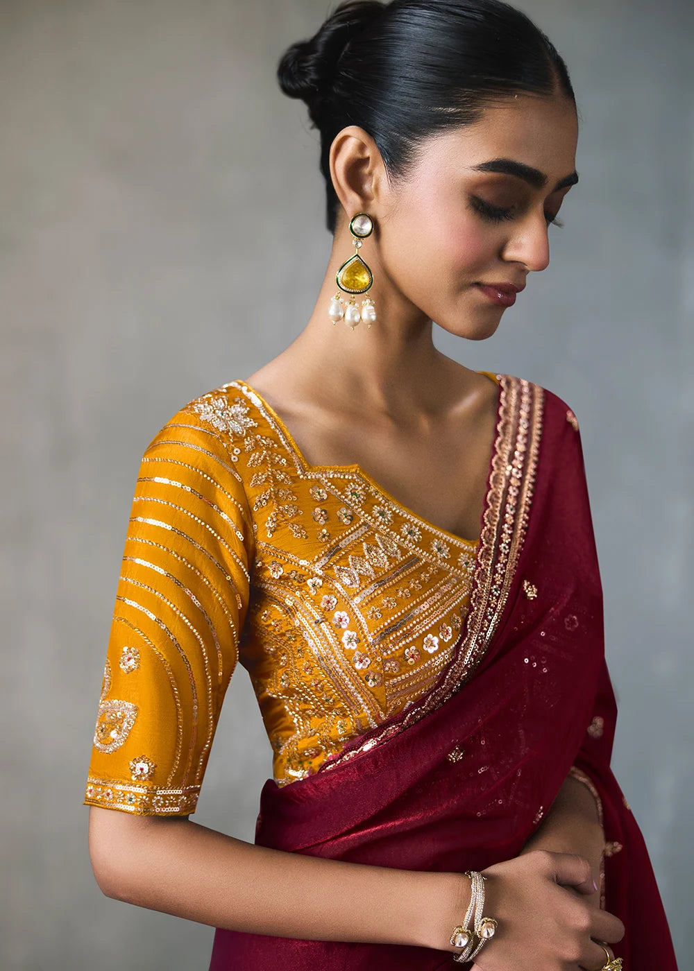 Wine Silk Blend Saree with Beads &amp; Cutdana Work