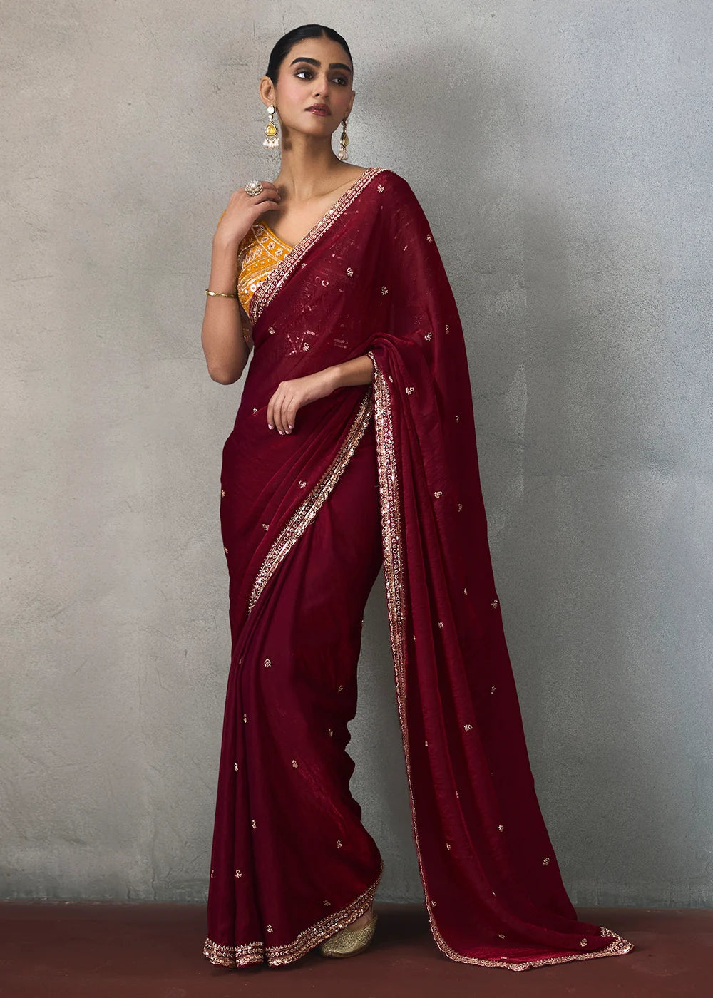 Wine Silk Blend Saree with Beads &amp; Cutdana Work