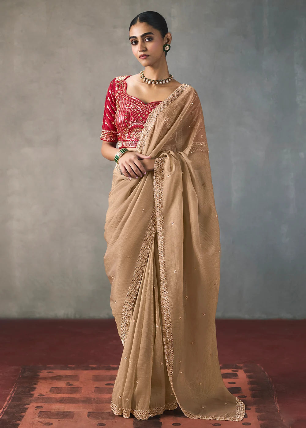 Beige Silk Blend Saree with Beads &amp; Cutdana Work and Red Blouse