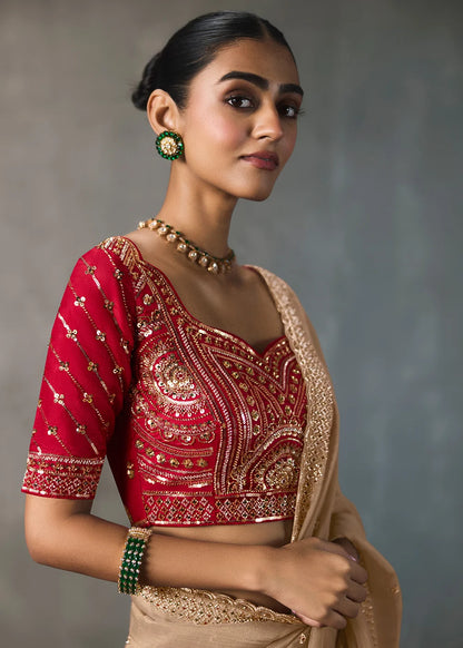 Beige Silk Blend Saree with Beads &amp; Cutdana Work and Red Blouse