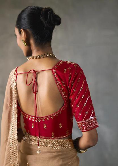 Beige Silk Blend Saree with Beads &amp; Cutdana Work and Red Blouse