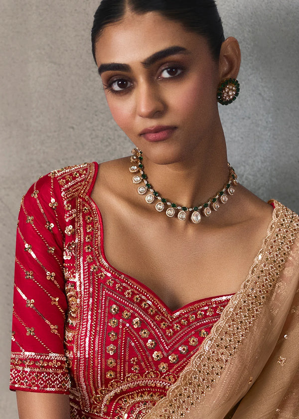 Beige Silk Blend Saree with Beads & Cutdana Work and Red Blouse