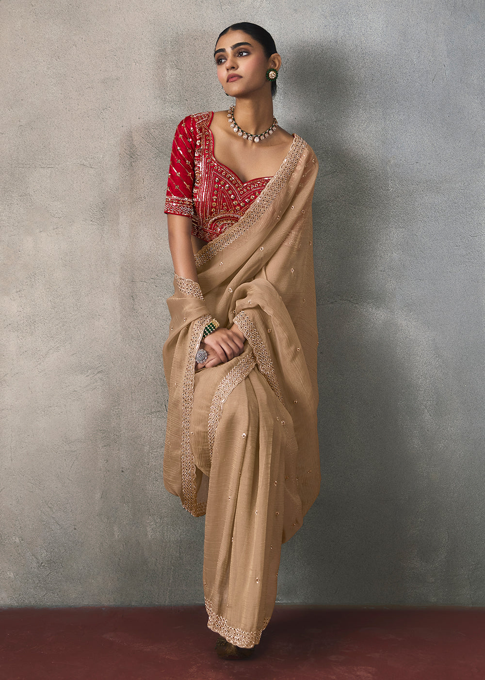 Beige Silk Blend Saree with Beads &amp; Cutdana Work and Red Blouse