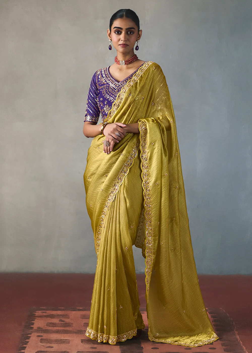 Olive Yellow Silk Blend Saree with Beads &amp; Cutdana Work
