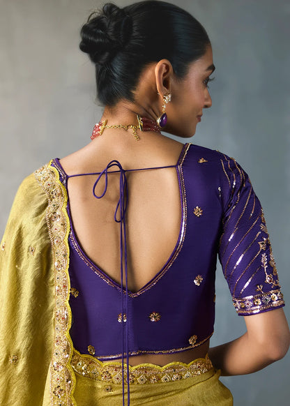Olive Yellow Silk Blend Saree with Beads &amp; Cutdana Work