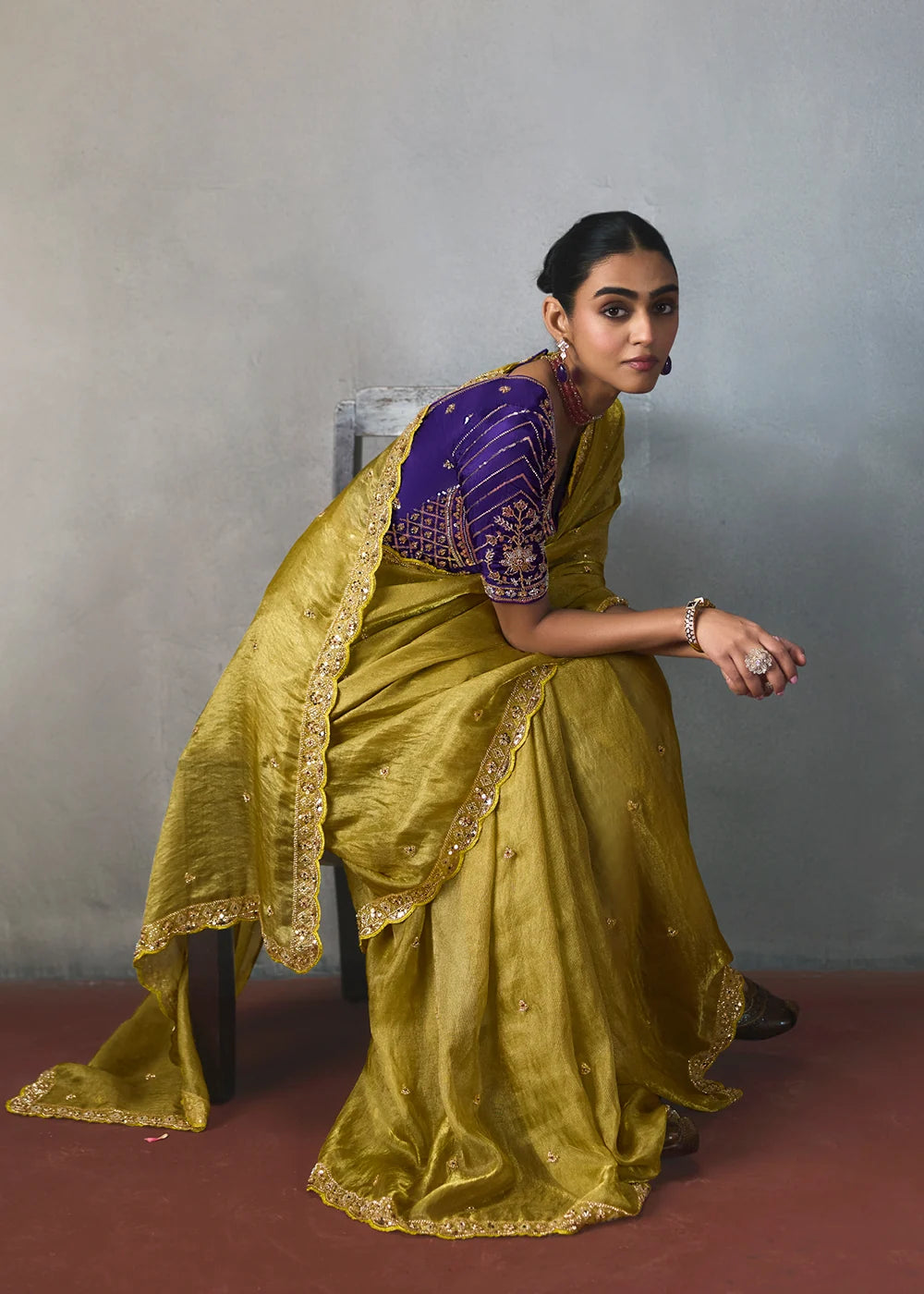 Olive Yellow Silk Blend Saree with Beads &amp; Cutdana Work