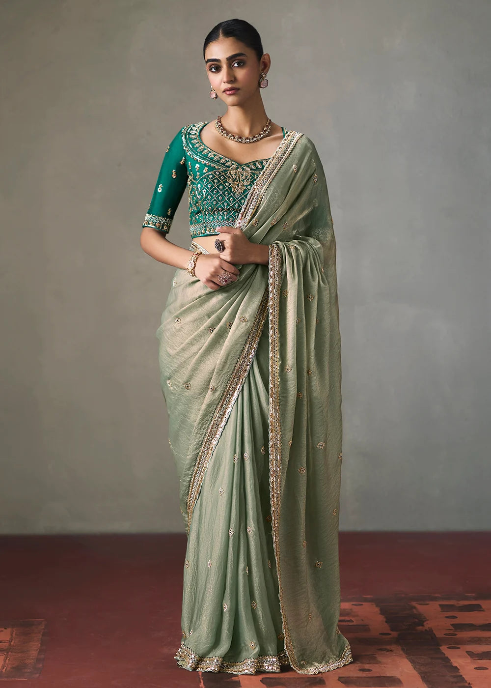 Sage Green Silk Blend Saree with Beads &amp; Cutdana Work