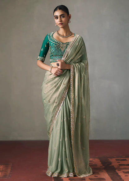 Sage Green Silk Blend Saree with Beads &amp; Cutdana Work