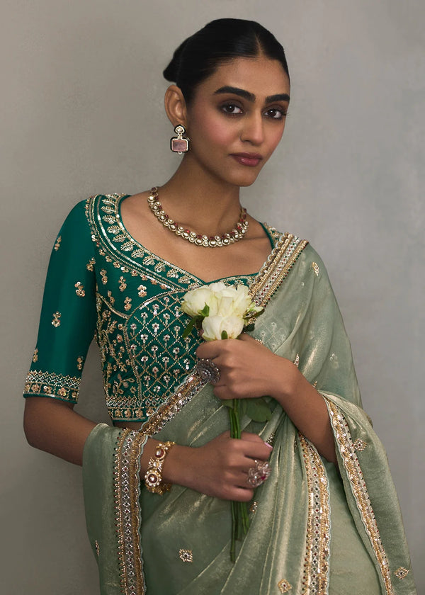 Sage Green Silk Blend Saree with Beads & Cutdana Work