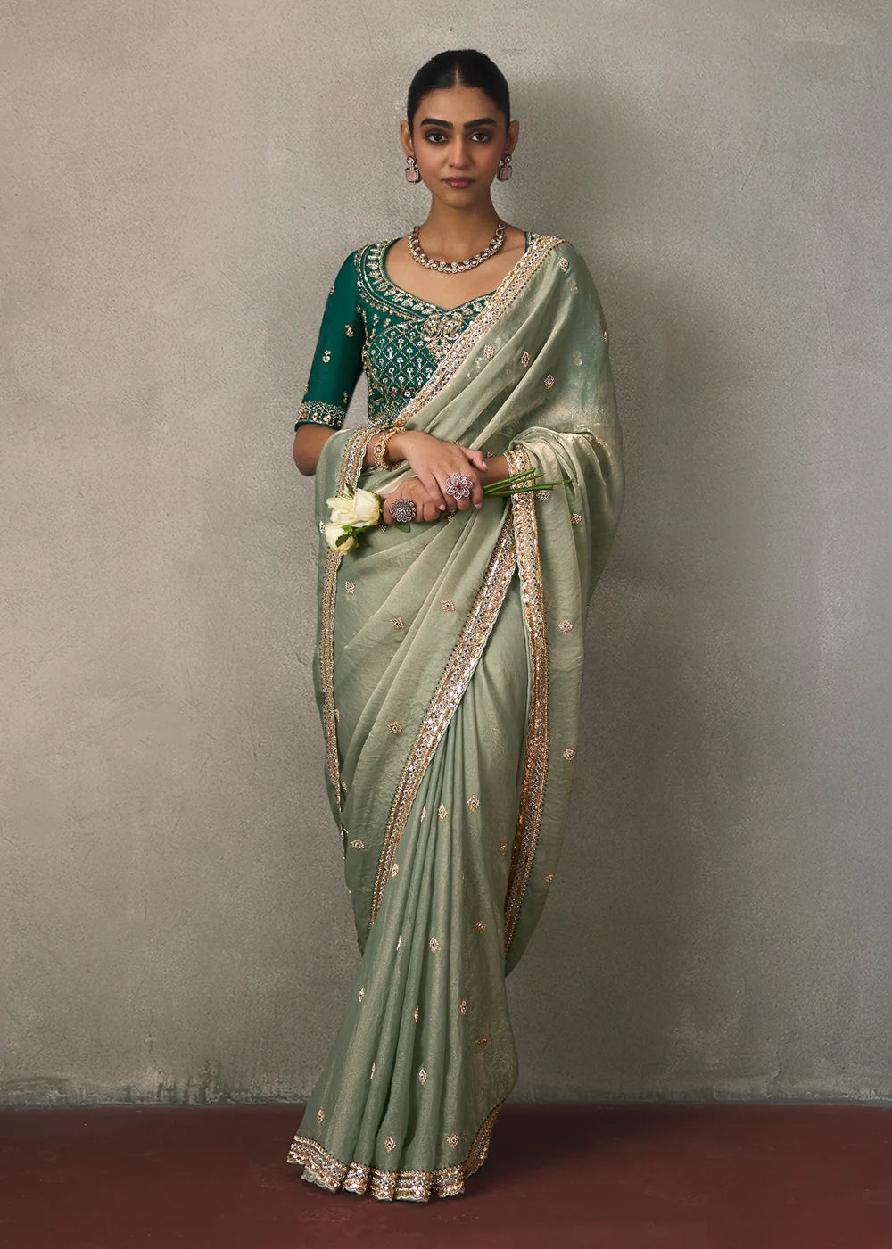 Sage Green Silk Blend Saree with Beads &amp; Cutdana Work