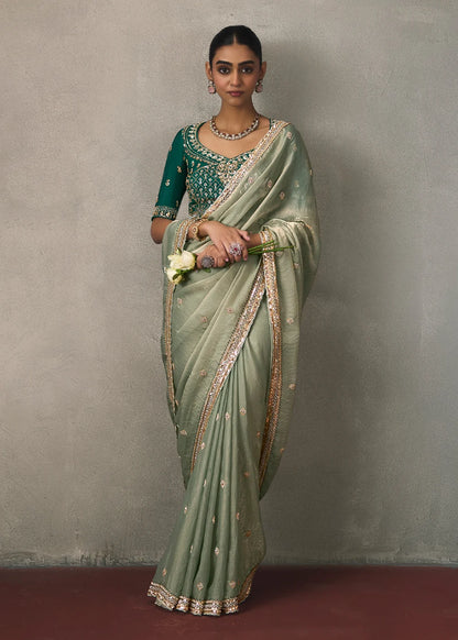 Sage Green Silk Blend Saree with Beads &amp; Cutdana Work