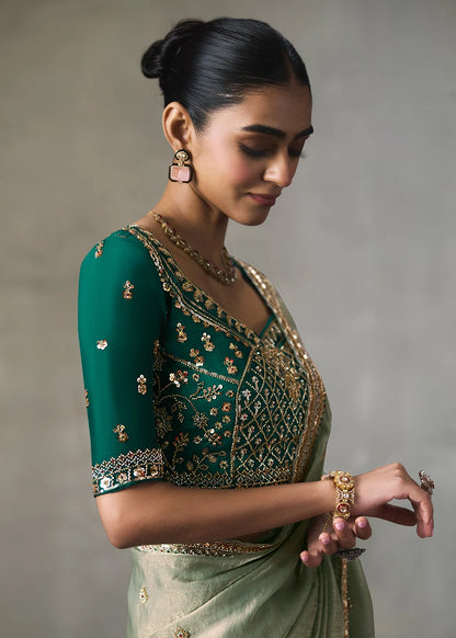 Sage Green Silk Blend Saree with Beads &amp; Cutdana Work