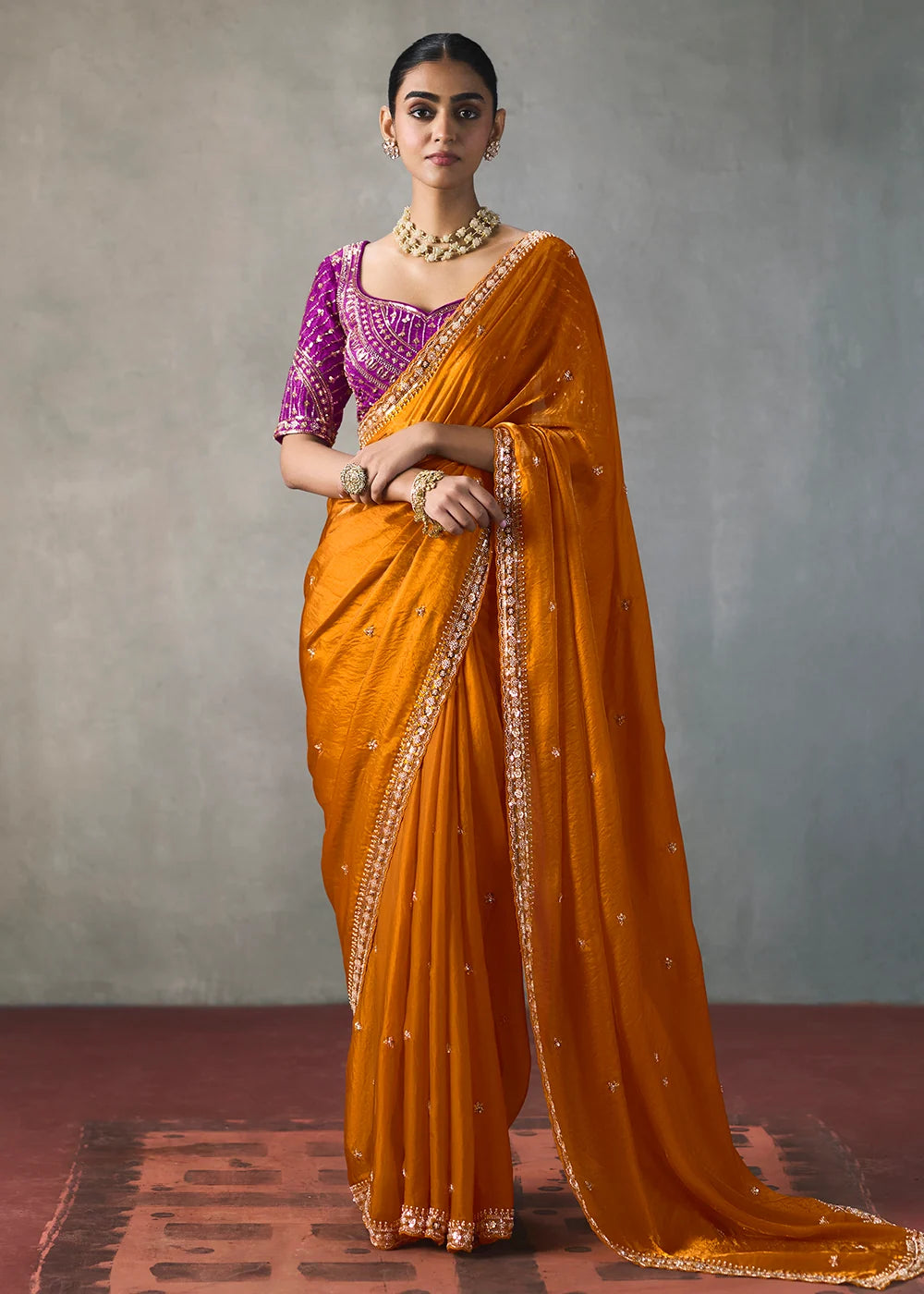 Orange Silk Blend Saree with Beads &amp; Cutdana Work and Pink Blouse