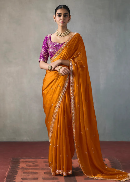 Orange Silk Blend Saree with Beads &amp; Cutdana Work and Pink Blouse