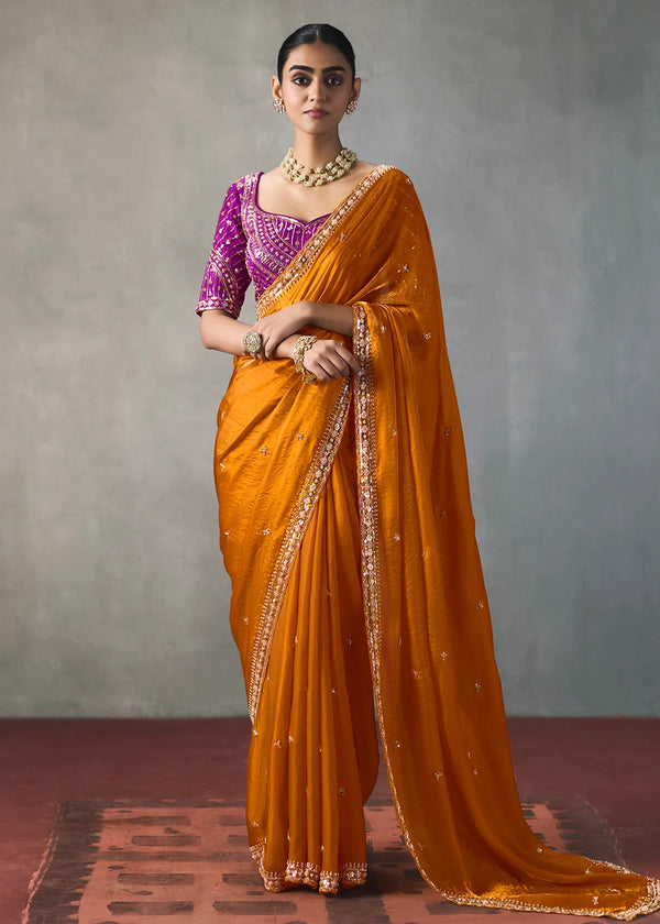 Orange Silk Blend Saree with Beads & Cutdana Work and Pink Blouse