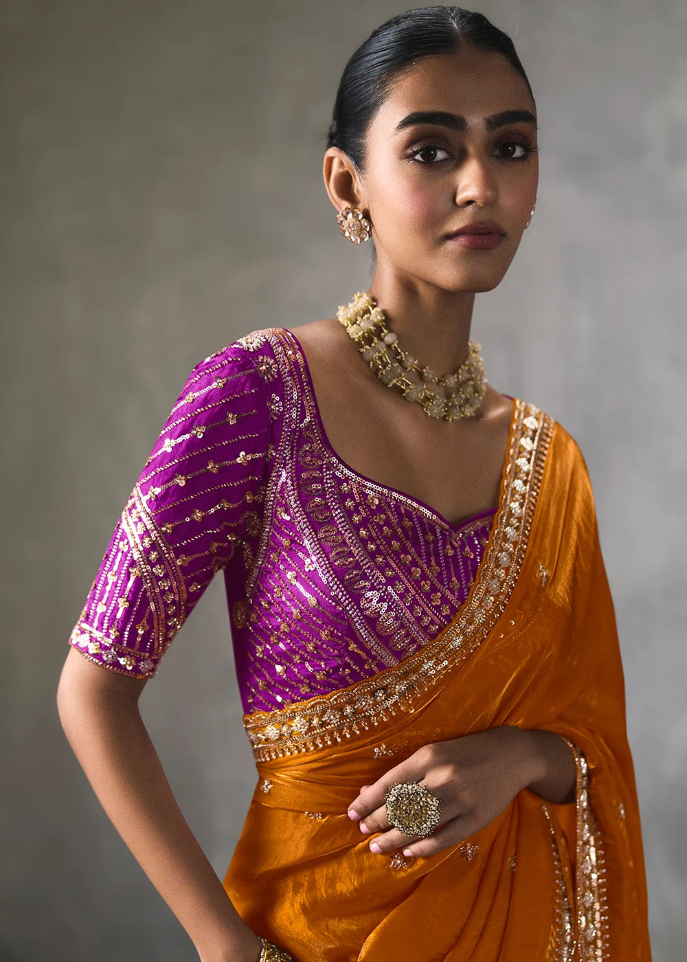 Orange Silk Blend Saree with Beads &amp; Cutdana Work and Pink Blouse