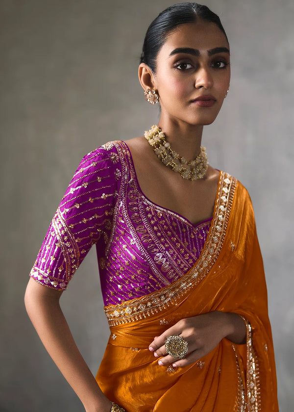 Orange Silk Blend Saree with Beads & Cutdana Work and Pink Blouse