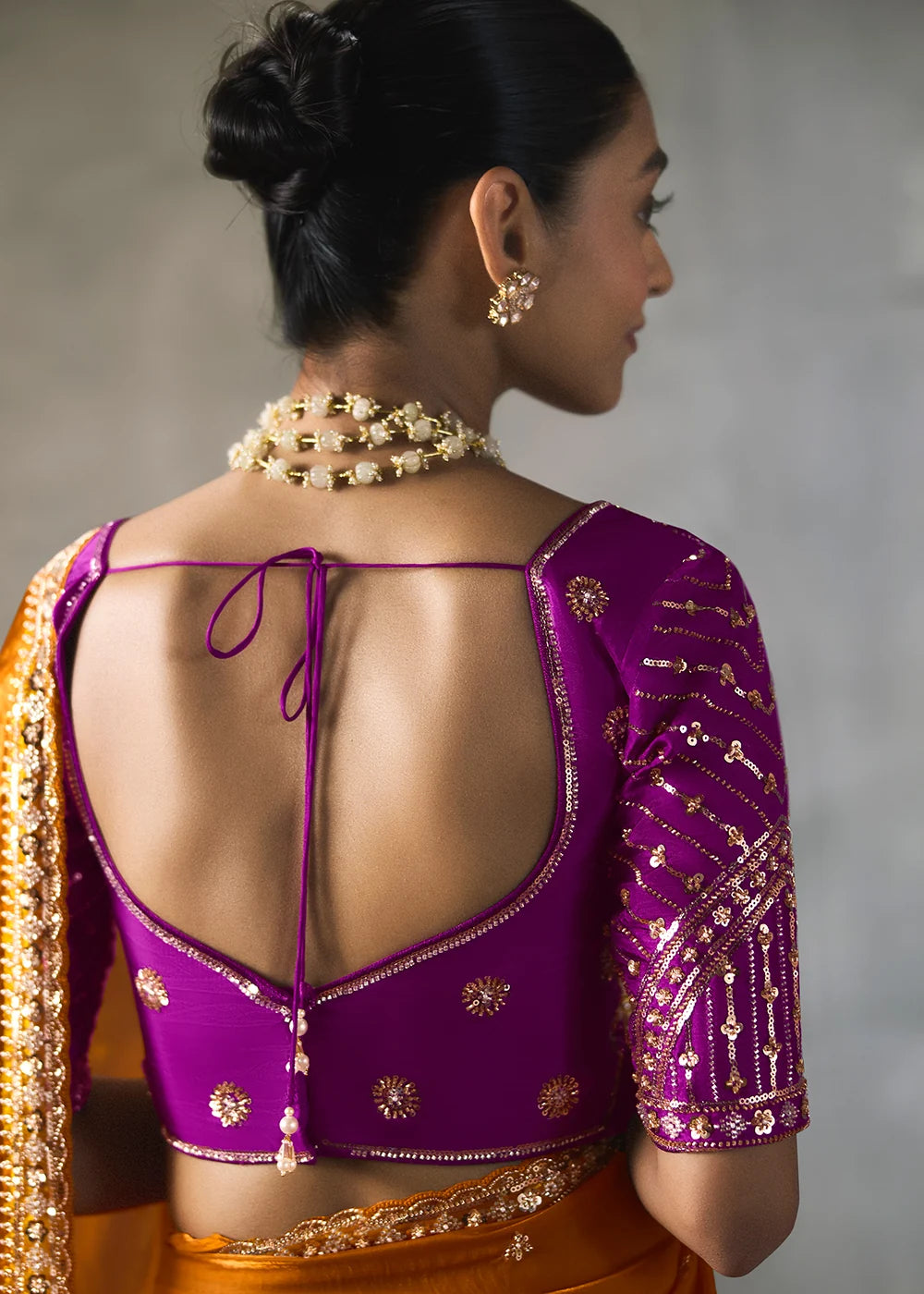 Orange Silk Blend Saree with Beads &amp; Cutdana Work and Pink Blouse