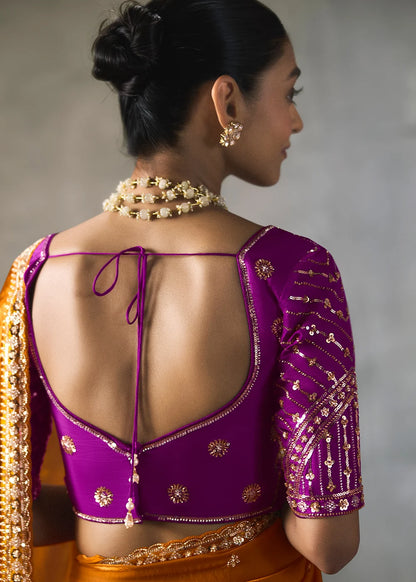 Orange Silk Blend Saree with Beads &amp; Cutdana Work and Pink Blouse