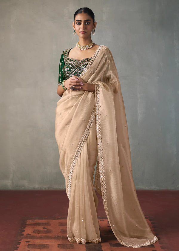 Champagne Beige Silk Blend Saree with Beads & Cutdana Work