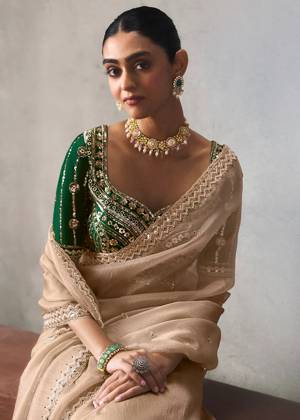 Champagne Beige Silk Blend Saree with Beads &amp; Cutdana Work