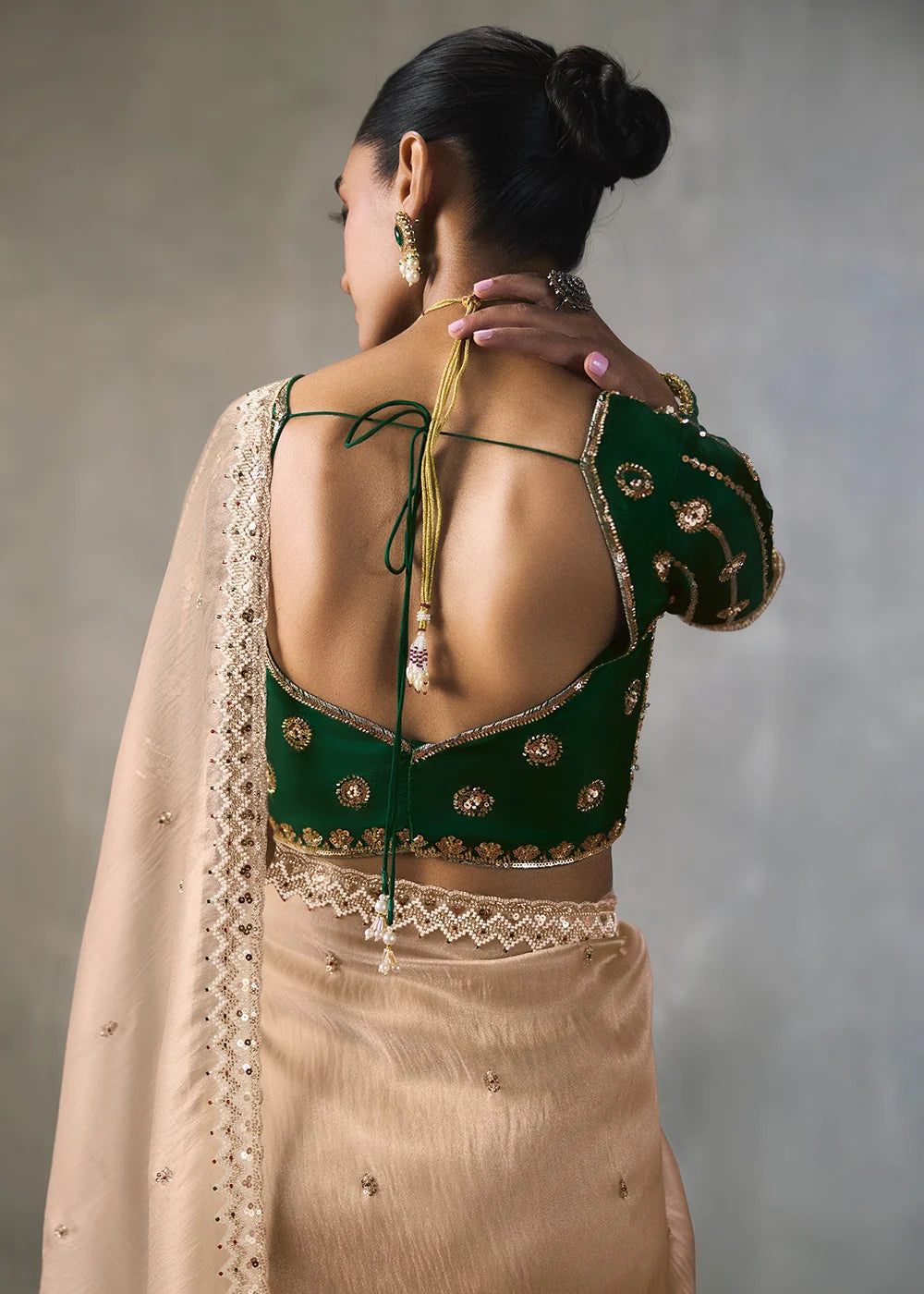 Champagne Beige Silk Blend Saree with Beads &amp; Cutdana Work