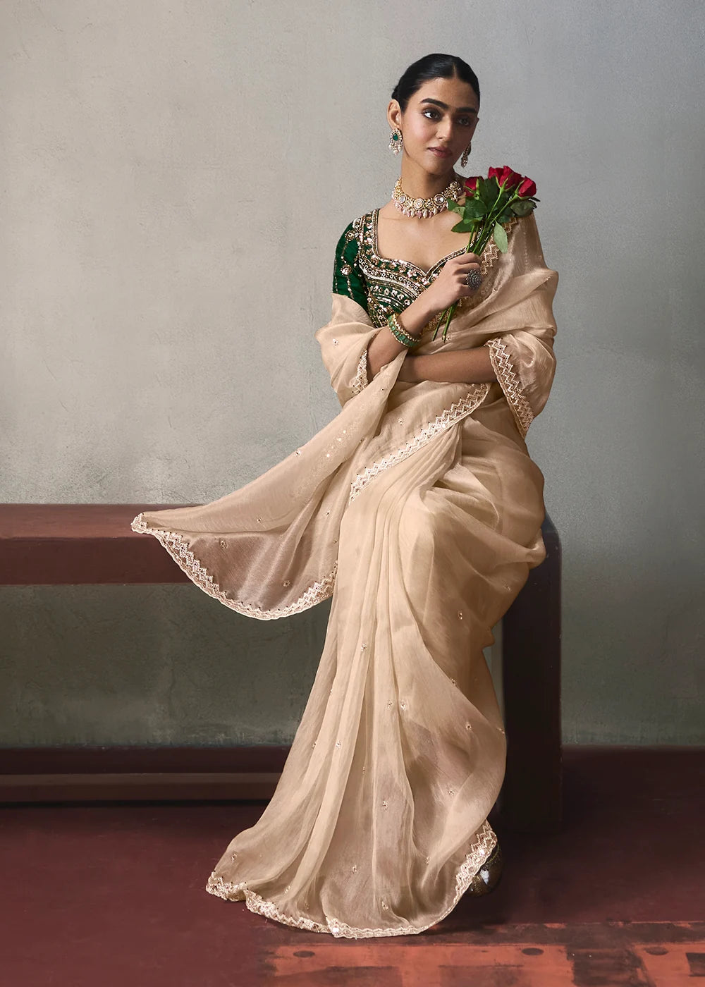 Champagne Beige Silk Blend Saree with Beads &amp; Cutdana Work