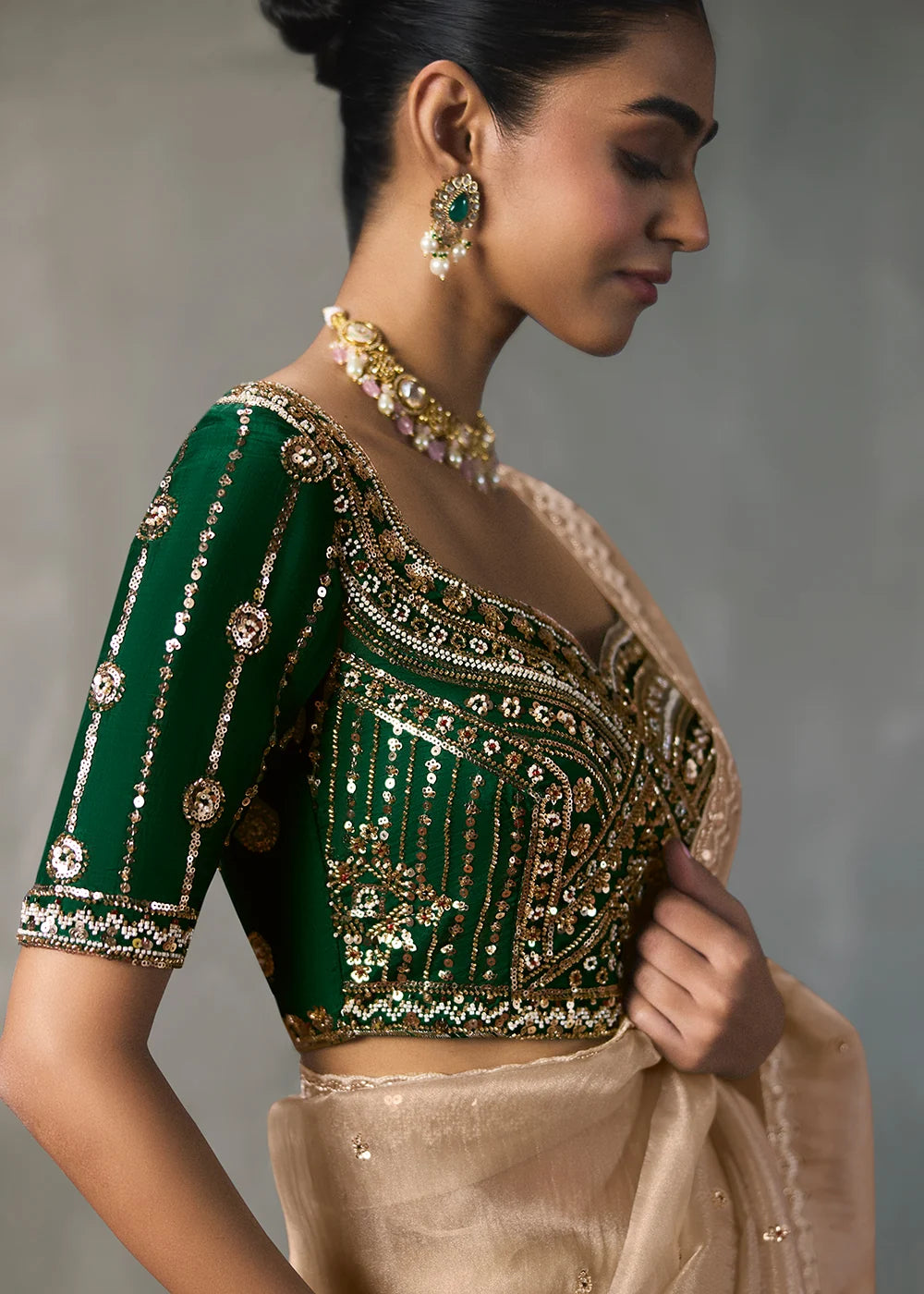 Champagne Beige Silk Blend Saree with Beads &amp; Cutdana Work