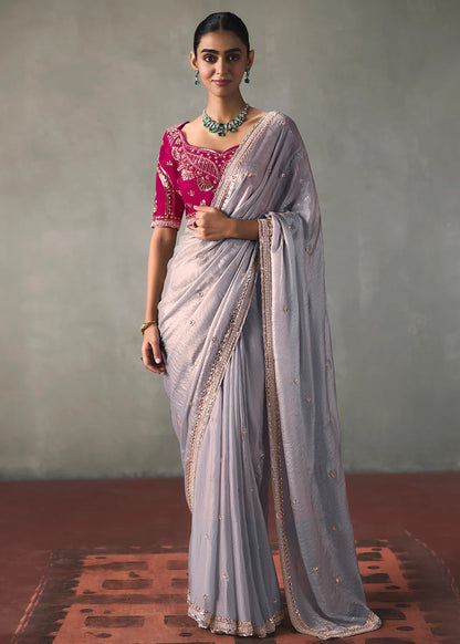 Lavender Grey Silk Blend Saree with Beads &amp; Cutdana Work