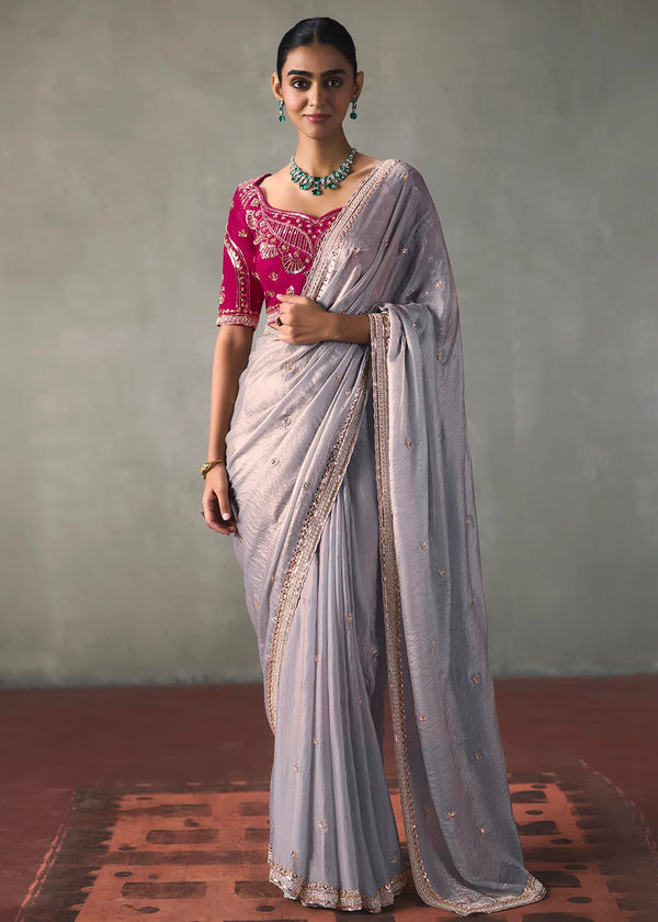 Lavender Grey Silk Blend Saree with Beads & Cutdana Work
