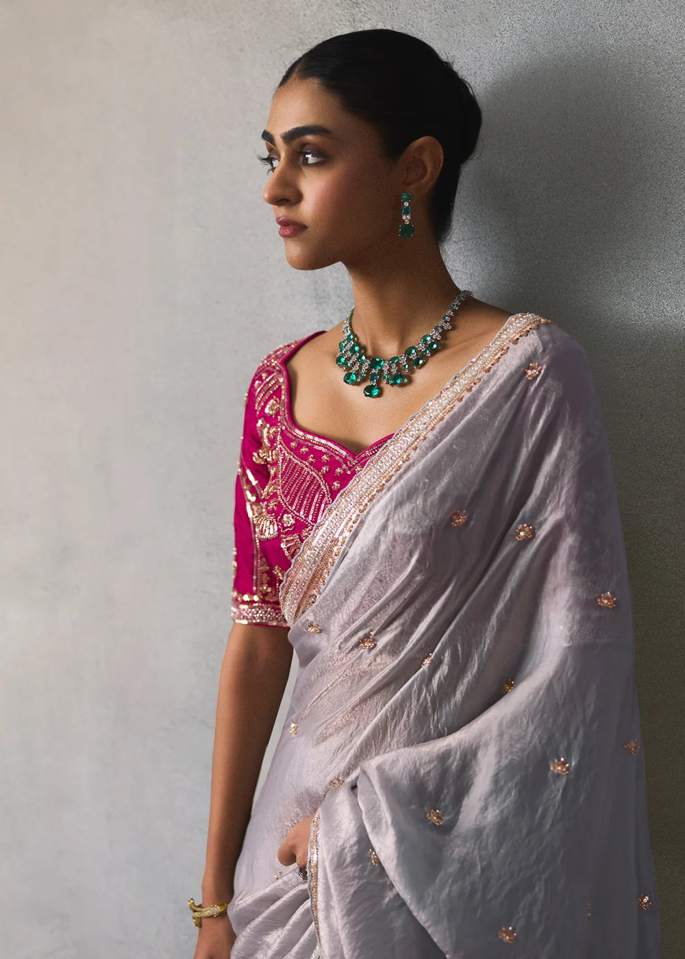 Lavender Grey Silk Blend Saree with Beads &amp; Cutdana Work