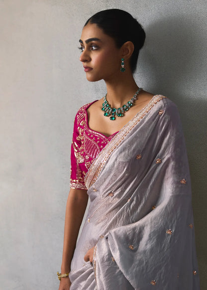 Lavender Grey Silk Blend Saree with Beads &amp; Cutdana Work