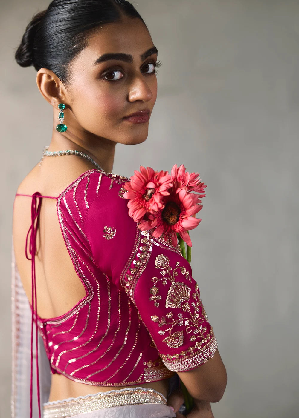 Lavender Grey Silk Blend Saree with Beads &amp; Cutdana Work