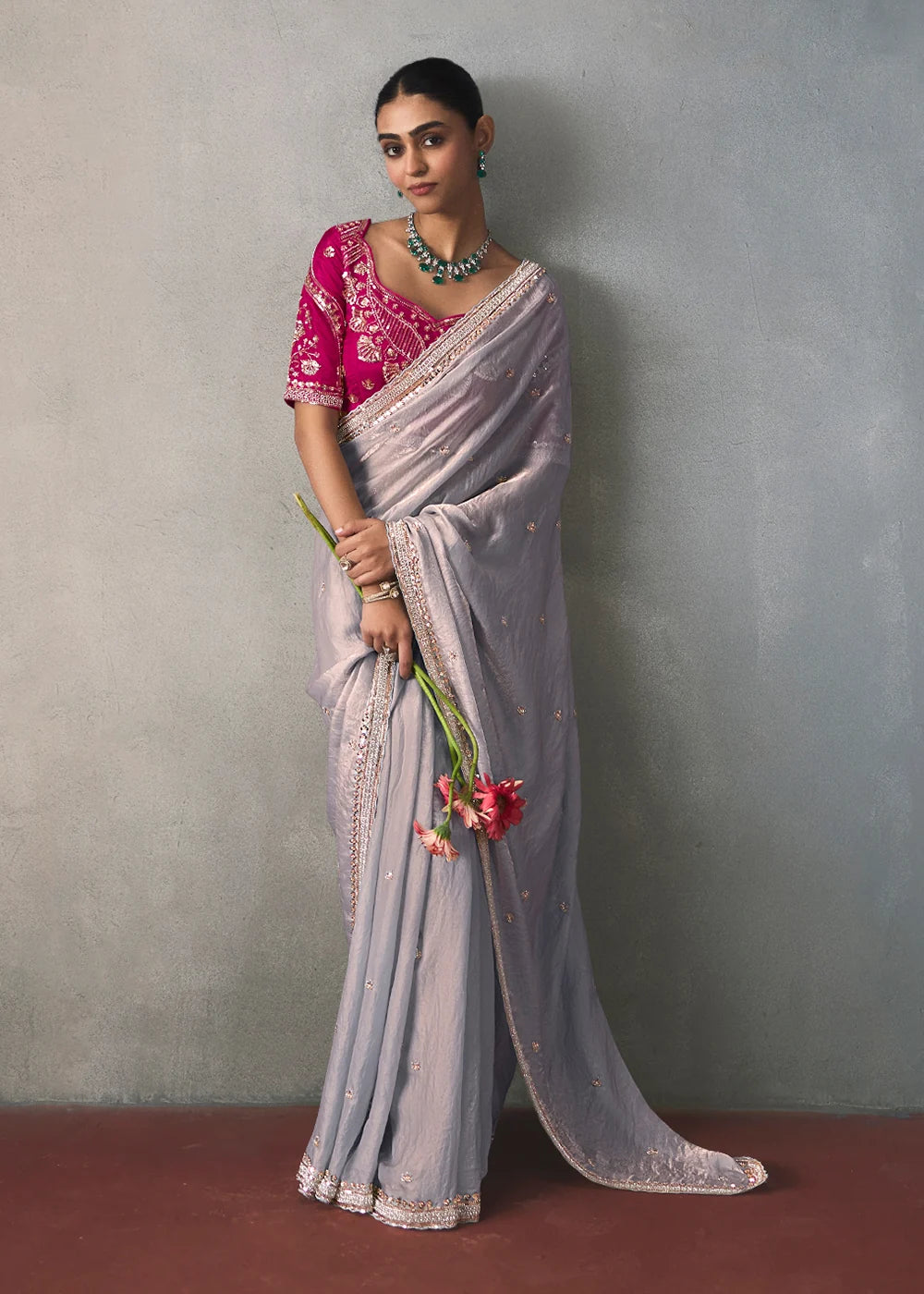 Lavender Grey Silk Blend Saree with Beads &amp; Cutdana Work