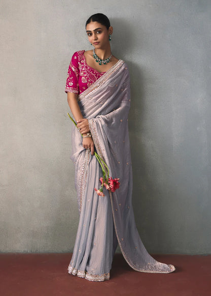 Lavender Grey Silk Blend Saree with Beads &amp; Cutdana Work