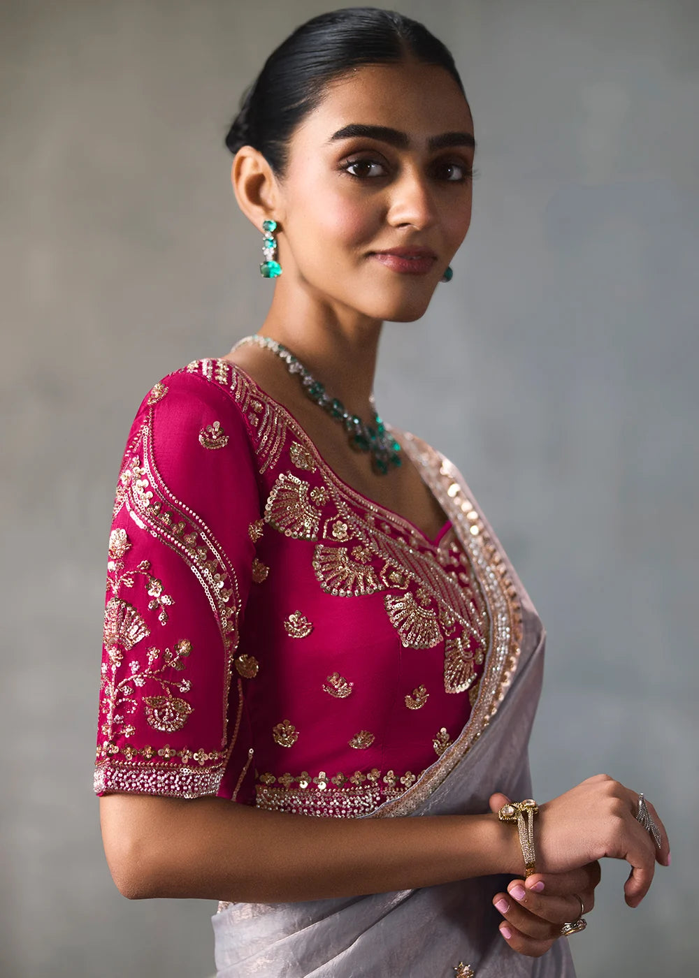 Lavender Grey Silk Blend Saree with Beads &amp; Cutdana Work