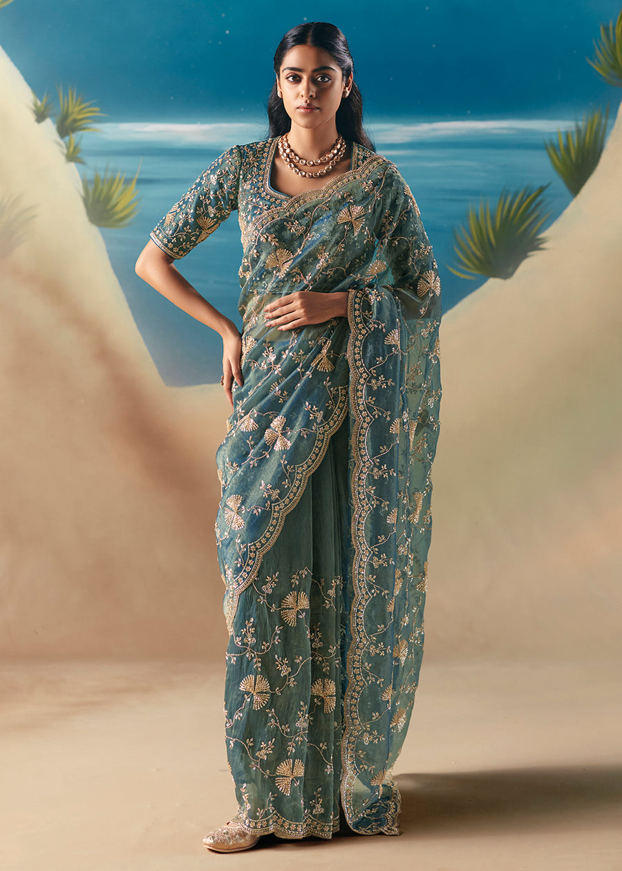 Aqua Blue Fancy Organza Silk Zari Embroidered Sequins With Bridal Saree 