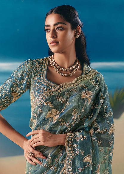 Aqua Blue Fancy Organza Silk Zari Embroidered Sequins With Bridal Saree 