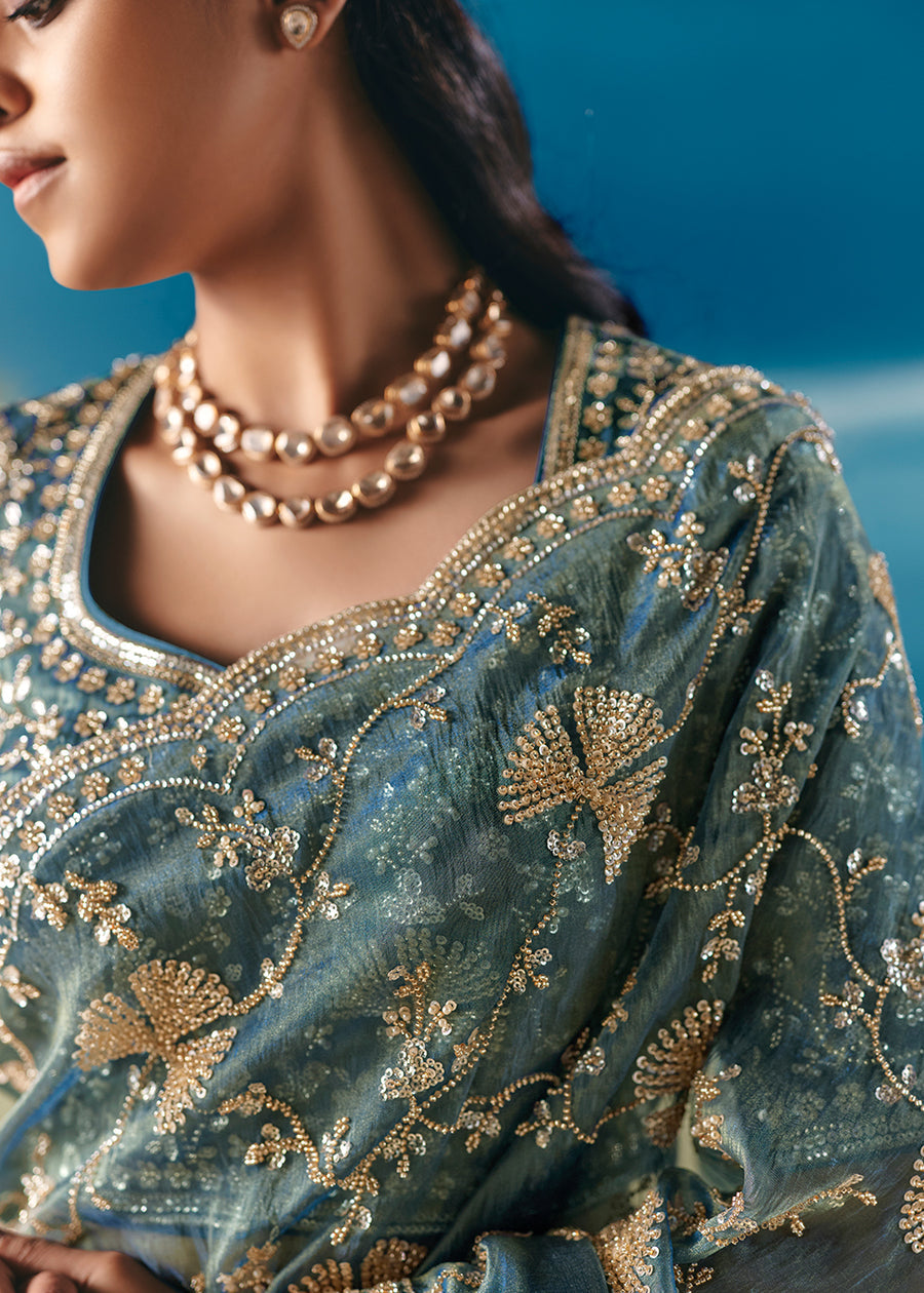 Aqua Blue Fancy Organza Silk Zari Embroidered Sequins With Bridal Saree 