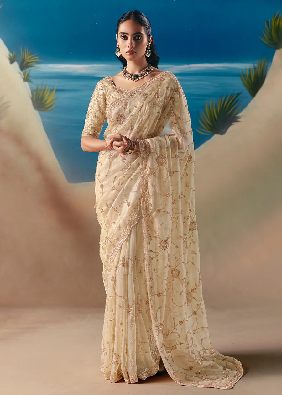 Cream Fancy Satin Organza Silk Zari Embroidered Sequins With Bridal Saree