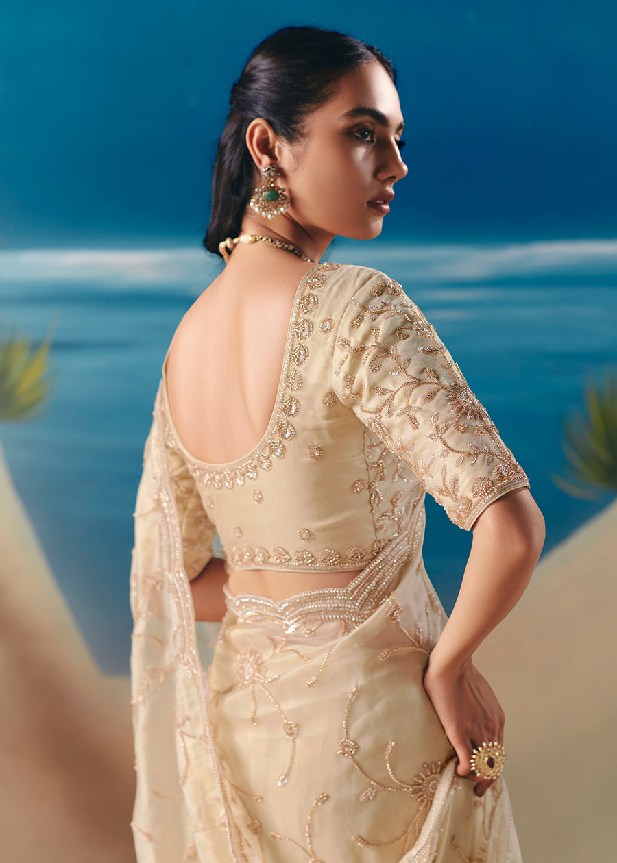 Cream Fancy Satin Organza Silk Zari Embroidered Sequins With Bridal Saree