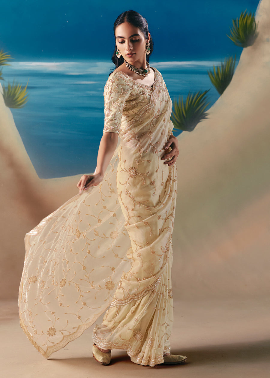 Cream Fancy Satin Organza Silk Zari Embroidered Sequins With Bridal Saree