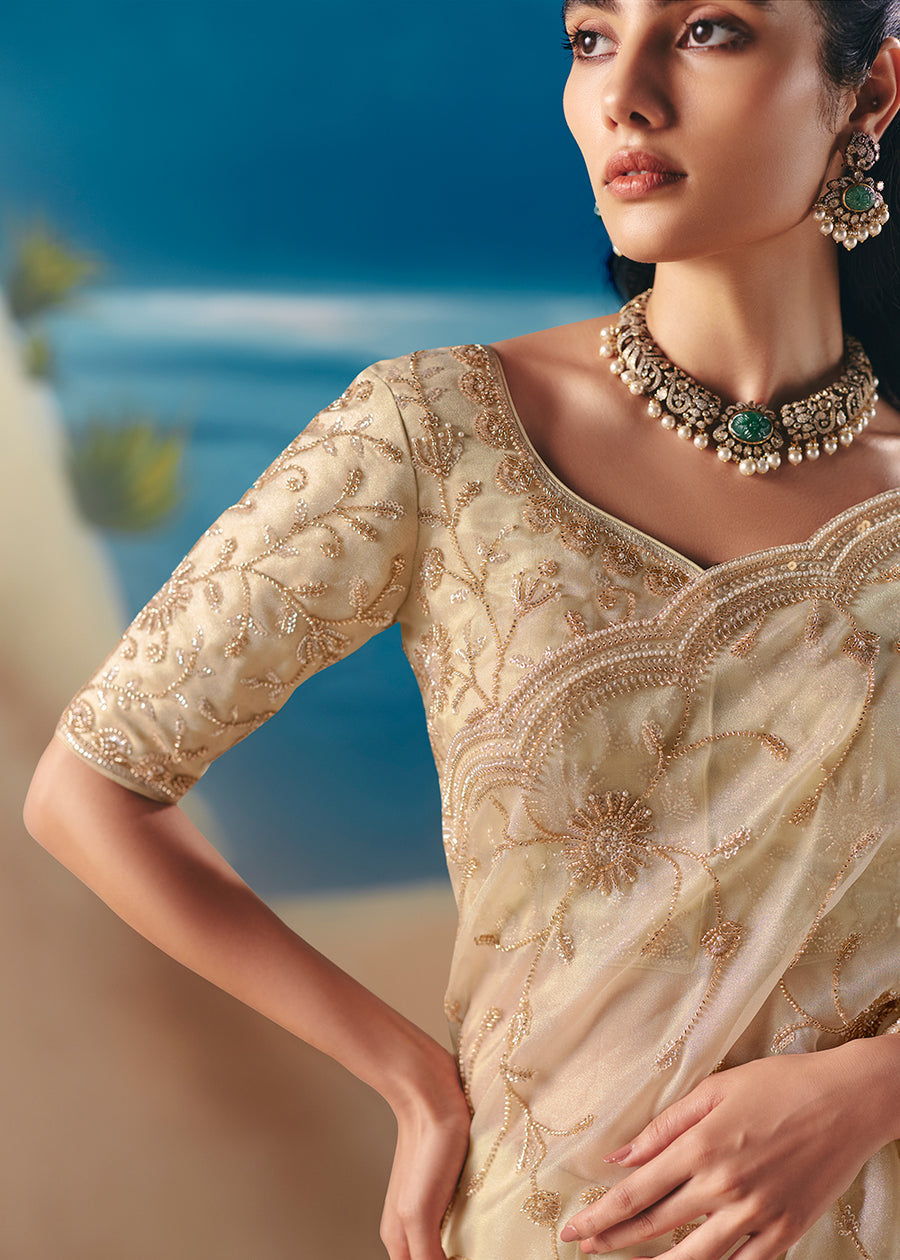 Cream Fancy Satin Organza Silk Zari Embroidered Sequins With Bridal Saree