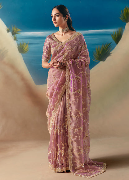 Onion Pink Fancy Organza Silk Zari Embroidered Sequins With Bridal Saree 